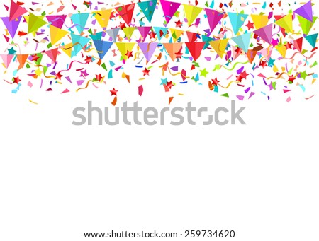 Colorful falling tiny confetti pieces and colored pennants. Vector background.