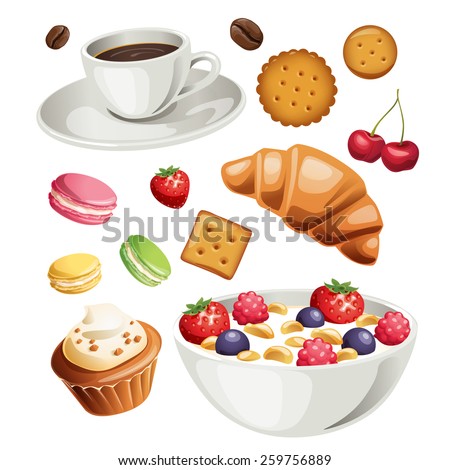 Vector set of stylized food icons. Healthy breakfast high detailed food elements icons set.