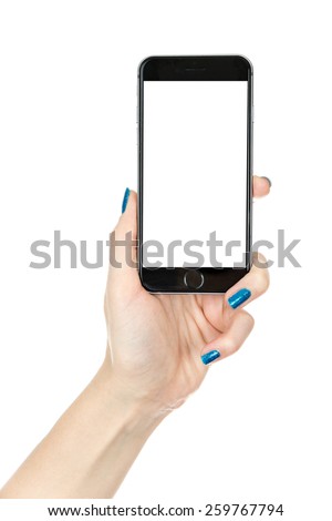 Woman showing smart phone in iphon style with isolated screen, isolated on white