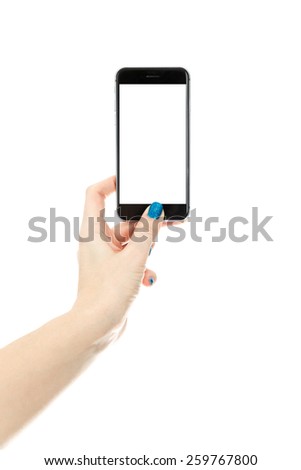 Woman showing smart phone in smart phone style with isolated screen isolated on white