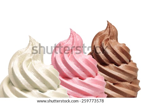 Vanilla, strawberry and chocolate ice cream on white background