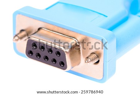 A serial communications connector marked RS 232. Isolated on white background. No shadows on the background. Royalty-Free Stock Photo #259786940