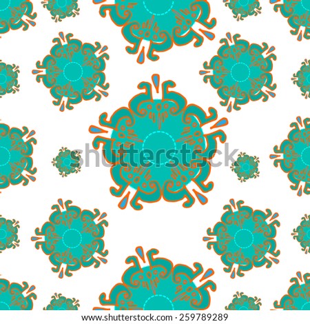 Seamless pattern with hand drawn colorful star shaped ornamental elements. white background. Clipping mask. Vector illustration.