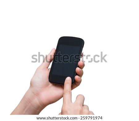 Female hand holding mobile smart phone touch screen on white background, include clipping path