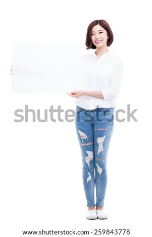Asian woman showing banner isolated on white background.