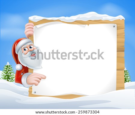 Christmas Cartoon Santa Sign of Santa Claus pointing at a Christmas message