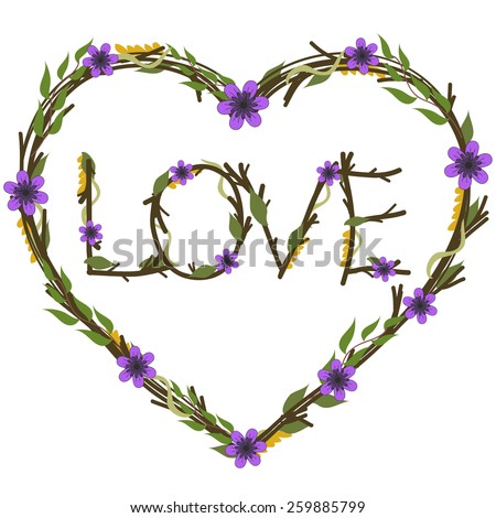 Vector illustration. Cute floral heart-shaped wreath with purple flowers