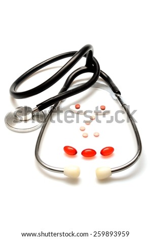 Humorous caricatures of doctor made of a medical stethoscope, tablets - joke on a white background