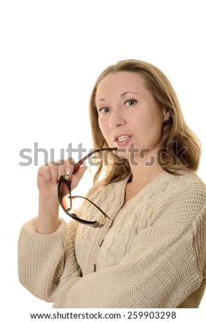 Portrait of a woman with glasses on a white background
