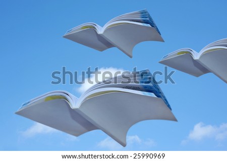 Flying open books over a blue sky Royalty-Free Stock Photo #25990969