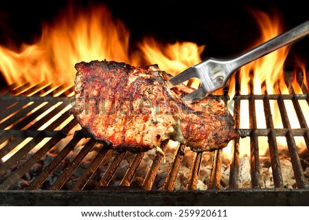 Pork Meat Chop Cooked On The Barbecue Grill. Flame Of Fire In The Background. You can see more grilled food, picnic and party scene in my public set. Royalty-Free Stock Photo #259920611
