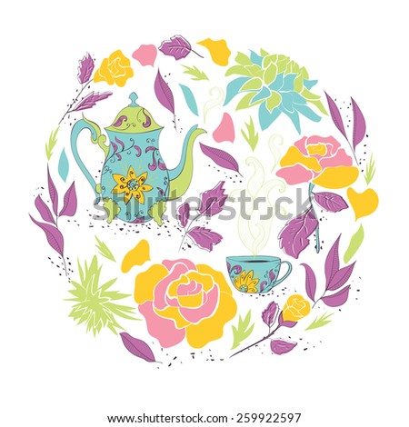Card for tea party. Hand drawn tea mug and teapot with floral pattern surrounded by circle of flowers and tea leaves. Vector illustration
