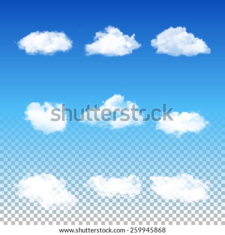 Set of nine realistic transparent different clouds. Vector EPS10 illustration. 