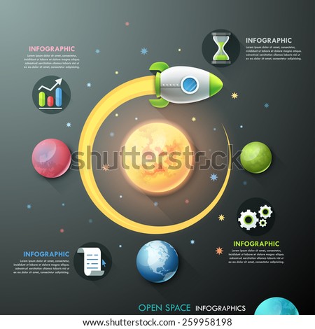 Infographic template with rocket and planets in open space. Vector. Can be used for web design and  workflow layout
