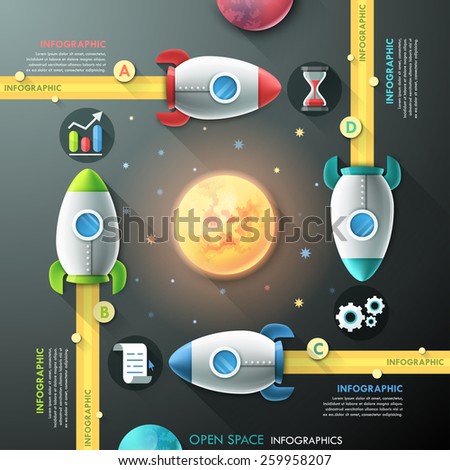 Infographic template with 4 rockets and planets in open space. Vector. Can be used for web design and  workflow layout