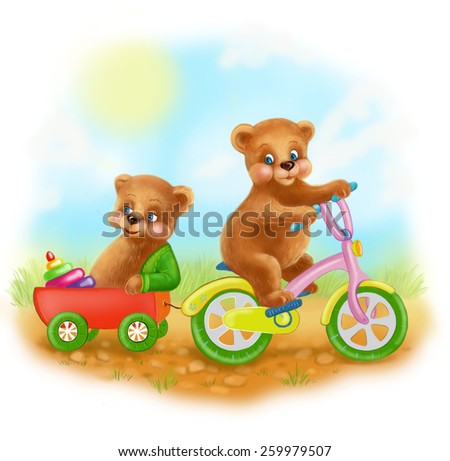  Illustration cartoon happy young bears ride a bike
