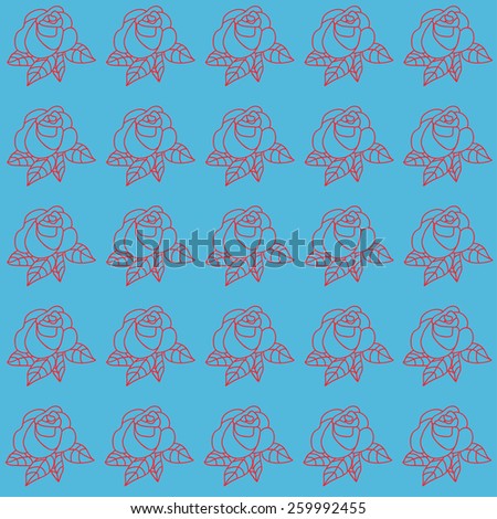 Colorful roses pattern, vector. Rose illustration isolated on blue background. Flower roses pattern illustration, vector. Roses silhouette, flower floral design, retro vintage flower pattern.