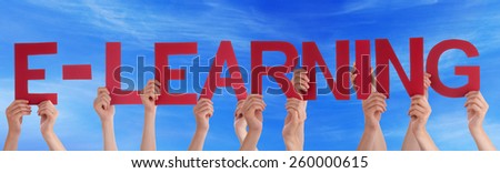 Many Caucasian People And Hands Holding Red Straight Letters Or Characters Building The English Word Elearning On Blue Sky