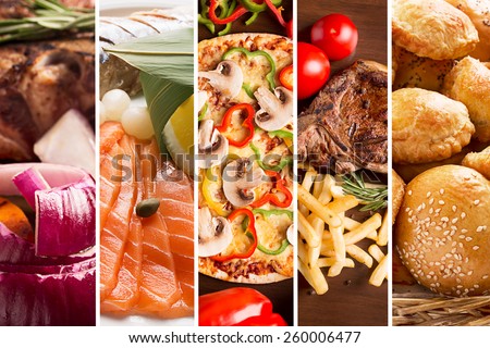 Collage from different pictures of tasty food Royalty-Free Stock Photo #260006477
