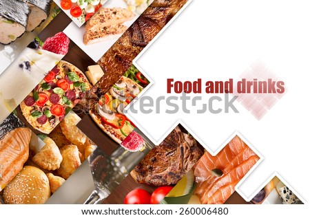 Collage from different pictures of tasty food and drinks