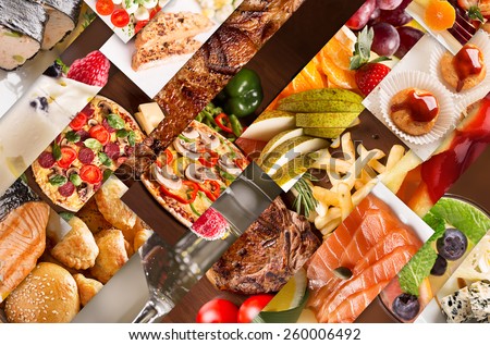 Collage from different pictures of tasty food and drinks Royalty-Free Stock Photo #260006492