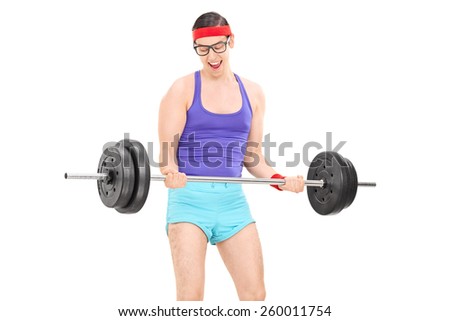 Nerdy guy exercising with a weight isolated on white background