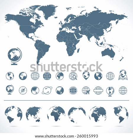 World Map, Globes Icons and Symbols - Illustration
Vector set of world map and globes.
