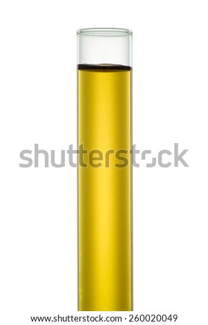 Test Tube with Yellow Liquid isolated on White Background. Laboratory glassware equipment. Front View