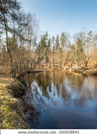 scenic spring colored river in country with trees and reflections