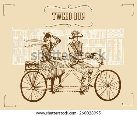 Retro hand drawn gentleman with mustaches and lady in tweed costumes on a tandem bicycle riding in old town.Illustration for tweed ride.