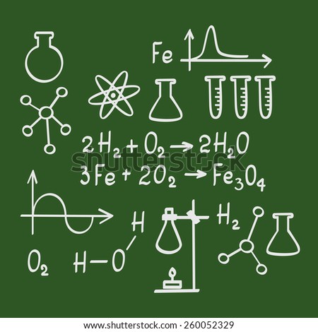 Chemistry icons and formulas on the school board. Vector illustration. 