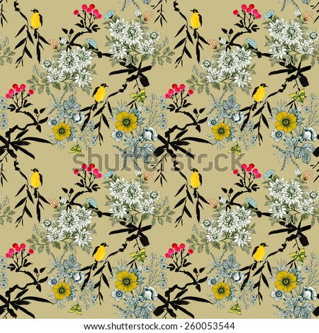 Blooming meadow flowers with rowan, birds and butterflies seamless pattern on beige background vector illustration