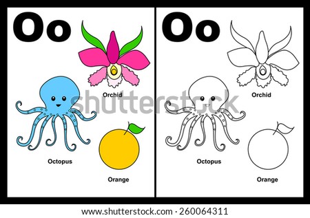 Kids alphabet coloring book page with outlined clip arts to color. Letter O 