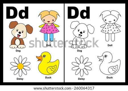 Kids alphabet coloring book page with outlined clip arts to color. Letter D 