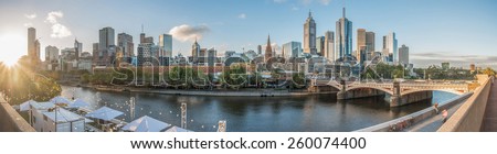 Cityscape view of Melbourne city the most liveable city in the world in Victoria state of Australia. Panorama shot. Royalty-Free Stock Photo #260074400