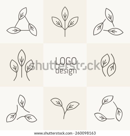Vector set of natural logo design. Simple linear floral elements. Stylized leaves form modern logotypes with eco and bio direction. Contemporary graphic design.