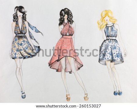fashion sketch with models  wearing colored dresses with flower patterns