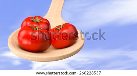 red tomatoes in a wood spoon with sky on background (3d render)