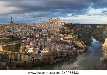 Toledo city and Tagus river view. Castilla La Mancha. Spain.