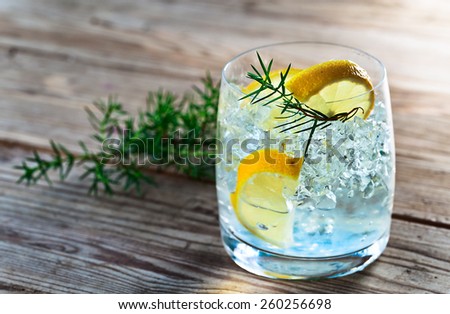 Gin with lemon and juniper branch on a old wooden table Royalty-Free Stock Photo #260256698