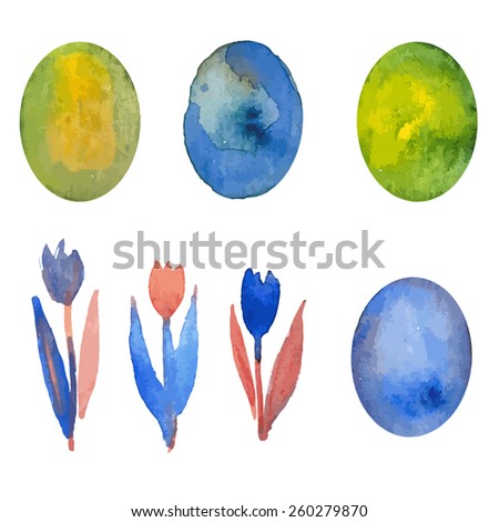 Easter vector set of watercolor eggs and flowers.