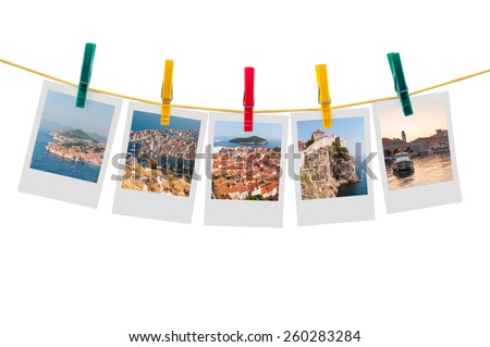 Five photos of Dubrovnik on clothesline isolated on white background with clipping path