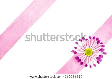 Empty postcard background with pink flower and pink ribbon