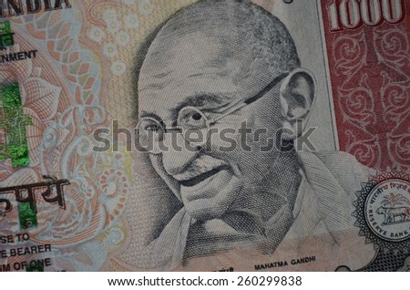 Indian currency note of 1000 Rupee, Gandhi Ji on rupee note Royalty-Free Stock Photo #260299838