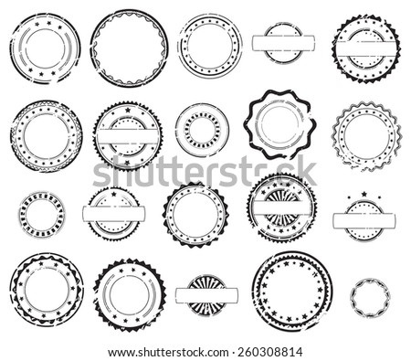 Grunge rubber stamps and stickers icons, set, graphic design elements, black isolated on white background, vector illustration. Royalty-Free Stock Photo #260308814