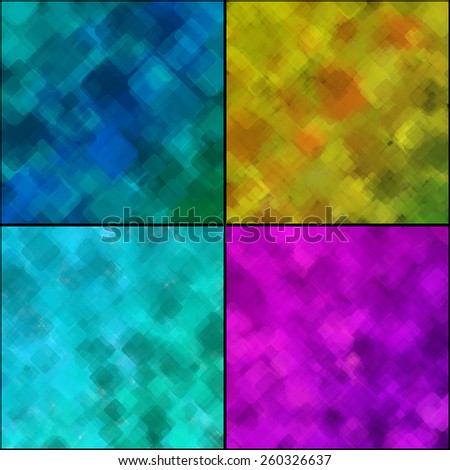 Set of abstract geometric backgrounds  consisting of overlapping square elements of various sizes, with rounded corners. Vector illustration.
