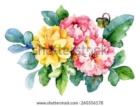 Three pink and yellow dahlia isolated on white background. Vector illustration