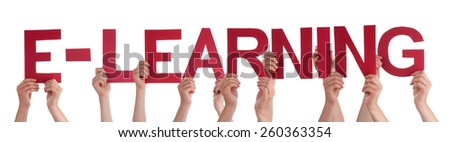 Many Caucasian People And Hands Holding Red Straight Letters Or Characters Building The Isolated English Word Elearning On White Background
