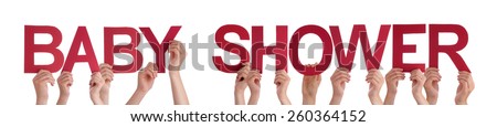 Many Caucasian People And Hands Holding Red Straight Letters Or Characters Building The Isolated English Word Baby Shower On White Background