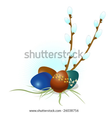 Vector Illustration of Easter Eggs with floral elements and the tree branch.